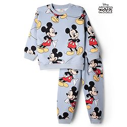 Bonfino Disney Terry Knit  Full Sleeves Co-Ords T-Shirt & Lounge Pant Set with Mickey Mouse Print - Grey