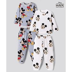 Bonfino Disney Single Jersey Knit Full Sleeves Co-Ords T-Shirt & Pyjama Night Suit with Mickey Mouse Print Pack of 2 - White & Grey