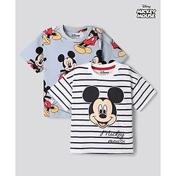 Bonfino Disney Cotton T-Shirts with Half Sleeves and Mickey Mouse Print in White/Blue Pack of 2 for 9-12 Months