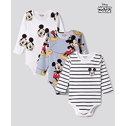 Bonfino Disney Interlock Knit Full Sleeves Striped Onesies With Mickey Mouse Graphic Pack of 3 - White, Blue & Red