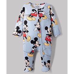Bonfino Disney 100% Cotton Interlock Knit Full Sleeves Striped Sleep Suits with Mickey Mouse Graphic Print Pack of 3 - White, Light Blue