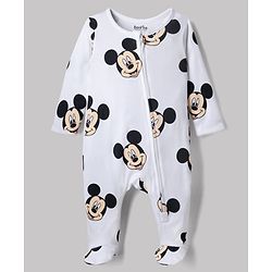 Bonfino Disney 100% Cotton Interlock Knit Full Sleeves Striped Sleep Suits with Mickey Mouse Graphic Print Pack of 3 - White, Light Blue