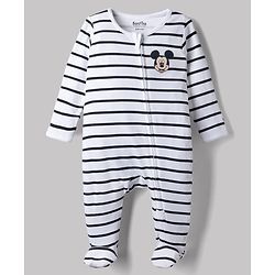 Bonfino Disney 100% Cotton Interlock Knit Full Sleeves Striped Sleep Suits with Mickey Mouse Graphic Print Pack of 3 - White, Light Blue