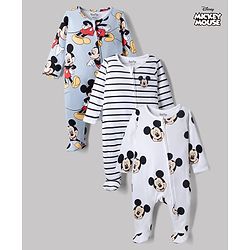 Bonfino Disney 100% Cotton Interlock Knit Full Sleeves Striped Sleep Suits with Mickey Mouse Graphic Print Pack of 3 - White, Light Blue