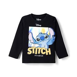 Bonfino Disney Cotton Interlock T-Shirt with Full Sleeves and Stitch Print - Black