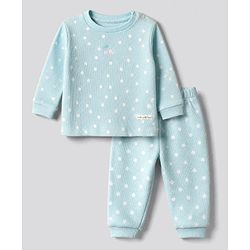 Bonfino 100% Cotton Waffle Knit Full Sleeves T-Shirt & Pajama Night Suit with Polka Dots Print & Cherry Embroidery - Light Blue