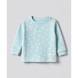 Bonfino 100% Cotton Waffle Knit Full Sleeves T-Shirt & Pajama Night Suit with Polka Dots Print & Cherry Embroidery - Light Blue