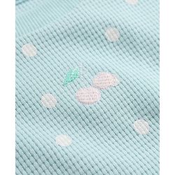 Bonfino 100% Cotton Waffle Knit Full Sleeves T-Shirt & Pajama Night Suit with Polka Dots Print & Cherry Embroidery - Light Blue