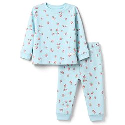 Bonfino 100% Cotton Single Jersey Knit Full Sleeves Co-Ords T-Shirt & Pyjama Night Suit with Strawberry Print - Sky Blue