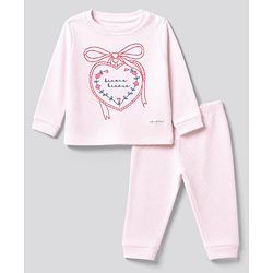 Bonfino 100% Cotton Knit Full Sleeves T-Shirt & Pyjama Night Suit with Heart & Bow Print - Pink