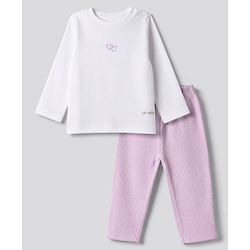 Bonfino 100% Cotton Waffle Knit Full Sleeves T-Shirt & Pajama Night Suit with Heart Embroidery - White, Purple