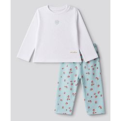 Bonfino 100% Cotton Waffle Knit Full Sleeves T-Shirt & Pajama Night Suit with Strawberry Embroidery & Made with Love Text Patch - White, Light Blue