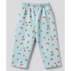 Bonfino 100% Cotton Waffle Knit Full Sleeves T-Shirt & Pajama Night Suit with Strawberry Embroidery & Made with Love Text Patch - White, Light Blue
