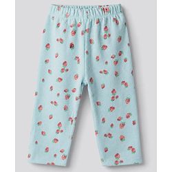 Bonfino 100% Cotton Waffle Knit Full Sleeves T-Shirt & Pajama Night Suit with Strawberry Embroidery & Made with Love Text Patch - White, Light Blue