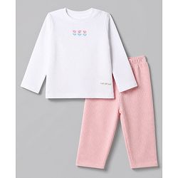 Bonfino 100% Cotton Knit Full Sleeves T-Shirt & Pyjama Night Suit with Tulip Print - White