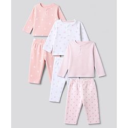 Bonfino 100% Cotton Knit Front Open Full Sleeves T-Shirt & Pyjama Night Suit with Heart Floral & Polka Dot Print Pack of 3 - Pink Peach White