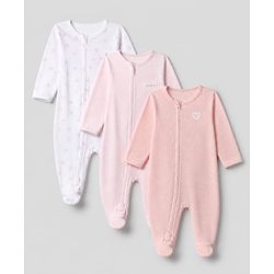Bonfino 100% Cotton Waffle Knit Full Sleeves Sleep Suit with Heart Print & Made with Love Patch Pack of 3 - White, Light Pink, Peach