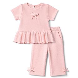 Bonfino 100% Cotton Waffle Knit Half Sleeves Top and Pant Set With Bow Applique - Light Pink