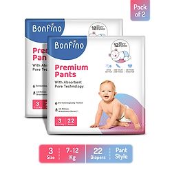 Bonfino Premium  Pant Style Diaper Medium (M) 22 Pieces each - Pack of 2