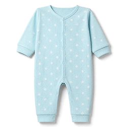 Bonfino 100% Cotton Knit Waffle Full Sleeves Romper With Polka Dot Print & Cap - Light Blue