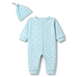 Bonfino 100% Cotton Knit Waffle Full Sleeves Romper With Polka Dot Print & Cap - Light Blue