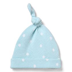 Bonfino 100% Cotton Knit Waffle Full Sleeves Romper With Polka Dot Print & Cap - Light Blue