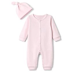 Bonfino 100% Cotton Knit Waffle Full Sleeves Romper With Cap - Pink