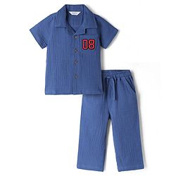 Bonfino 100% Cotton Woven Double Gauze Full Sleeves Shirt & Pants Set With Varsity Print - Navy Blue