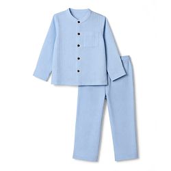 Bonfino 100% Cotton Woven Double Gauze Band Collar Drop Shoulder Full Sleeves Shirt & Relaxed fit Pull On Pants - Light Blue