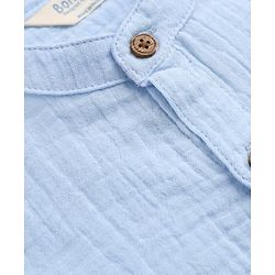 Bonfino 100% Cotton Woven Double Gauze Band Collar Drop Shoulder Full Sleeves Shirt & Relaxed fit Pull On Pants - Light Blue