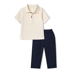 Bonfino 100% Cotton Woven Double Gauge Half Sleeves Shirt & Trouser Set - White & Navy Blue