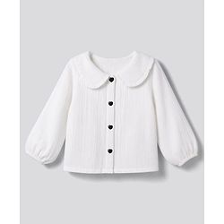 Bonfino Woven 100% Cotton Double Gauze Top with Peter Pan Ruffled Collar  - White
