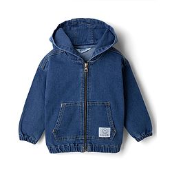 Bonfino Cotton Woven Drop Shoulder Denim Jacket With Hood and Front Open Zipper - Navy Blue