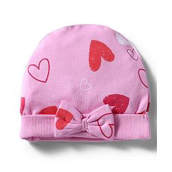 Bonfino 100% Cotton Knit Cap Mittens and Booties with Heart Print & Bow Applique Pink - Diameter 10 cm