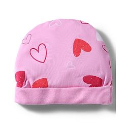 Bonfino 100% Cotton Knit Cap Mittens and Booties with Heart Print & Bow Applique Pink - Diameter 10 cm