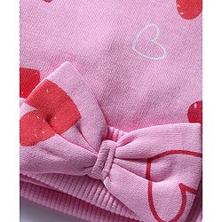 Bonfino 100% Cotton Knit Cap Mittens and Booties with Heart Print & Bow Applique Pink - Diameter 10 cm
