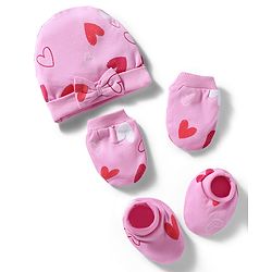 Bonfino 100% Cotton Knit Cap Mittens and Booties with Heart Print & Bow Applique Pink - Diameter 10 cm