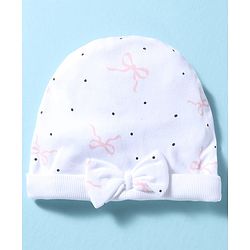 Bonfino 100% Cotton Knit Cap Mittens and Booties with Polka Dot Bow Print & Bow Applique White - Diameter 10 cm