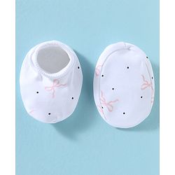 Bonfino 100% Cotton Knit Cap Mittens and Booties with Polka Dot Bow Print & Bow Applique White - Diameter 10 cm