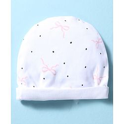 Bonfino 100% Cotton Knit Cap Mittens and Booties with Polka Dot Bow Print & Bow Applique White - Diameter 10 cm