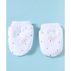 Bonfino 100% Cotton Knit Cap Mittens and Booties with Polka Dot Bow Print & Bow Applique White - Diameter 10 cm