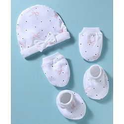 Bonfino 100% Cotton Knit Cap Mittens and Booties with Polka Dot Bow Print & Bow Applique White - Diameter 10 cm
