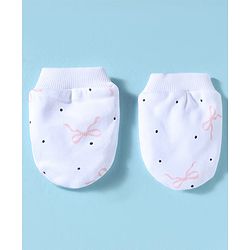 Bonfino 100% Cotton Knit Cap Mittens and Booties with Polka Dot Bow Print & Bow Applique White - Diameter 10 cm