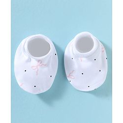 Bonfino 100% Cotton Knit Cap Mittens and Booties with Polka Dot Bow Print & Bow Applique White - Diameter 10 cm