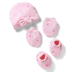 Bonfino 100% Cotton Knit Cap Mittens and Booties with Polka Dot Heart Print & Bow Applique Light Pink - Diameter 10 cm
