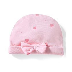 Bonfino 100% Cotton Knit Cap Mittens and Booties with Polka Dot Heart Print & Bow Applique Light Pink - Diameter 10 cm