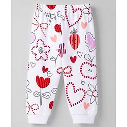Bonfino 100% Cotton Knit Full Sleeves Co-Ords T-Shirt & Pyjama Night Suit with Heart & Floral Print - White
