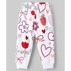 Bonfino 100% Cotton Knit Full Sleeves Co-Ords T-Shirt & Pyjama Night Suit with Heart & Floral Print - White