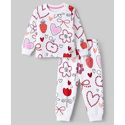 Bonfino 100% Cotton Knit Full Sleeves Co-Ords T-Shirt & Pyjama Night Suit with Heart & Floral Print - White