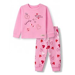 Bonfino 100% Cotton Knit Full Sleeves T-Shirt & Pyjama Night Suit with Heart Print - Pink